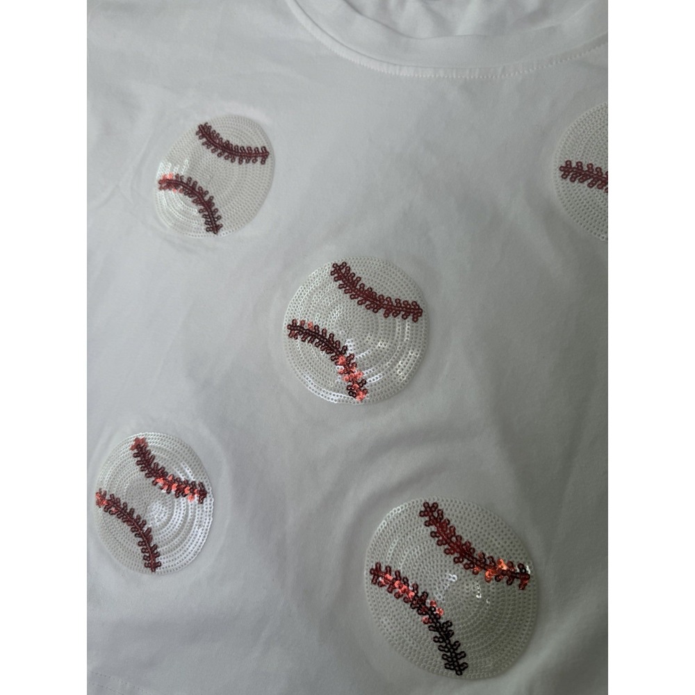 Womens Large White Crop Top Sequin Baseball Graphic Tee Short Sleeve Casual - Picture 5 of 7